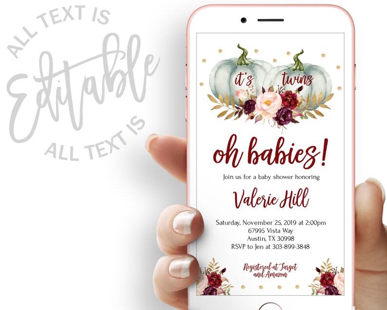 Twins Pumpkin Baby Shower Evite Fall Baby Shower Electronic Etsy