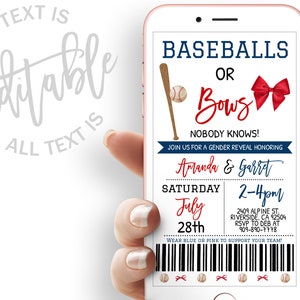 Op de afbeelding: Een digitale uitnodiging voor een gender reveal party. De uitnodiging bevat een honkbalknuppel en bal, een rode strik en de tekst "Baseballs or Bows? Nobody Knows!" De uitnodiging is voor Amanda en Garret en staat gepland voor zaterdag 28 juli van 14:00 tot 16:00 uur. De uitnodiging bevat een adres en RSVP-informatie.