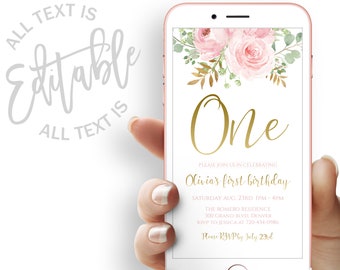 Peut inclure: Une invitation numérique rose et or pour un premier anniversaire. L'invitation présente un motif floral avec des roses roses et de la verdure. Le texte indique "Un" en écriture dorée et comprend les détails de la fête, y compris la date, l'heure, le lieu et les informations RSVP.
