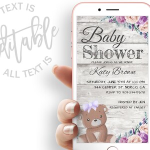 Purple Bear Baby Shower Evite Purple Floral Baby Shower Electronic Invitation Teddy Bear Baby Shower Electronic Invite Digital Invite