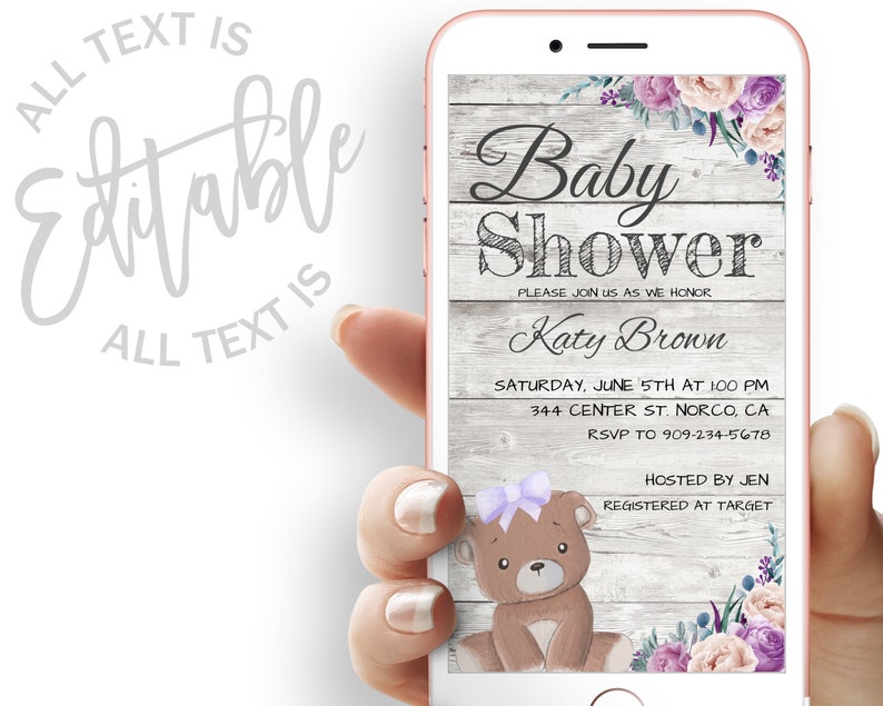 Purple Bear Baby Shower Evite Purple Floral Baby Shower Etsy
