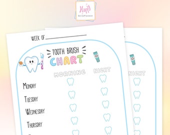 May include: A printable tooth brushing chart for kids with a cute cartoon tooth design. The chart has spaces for each day of the week to track morning and night brushing. It also includes a space for rewards.