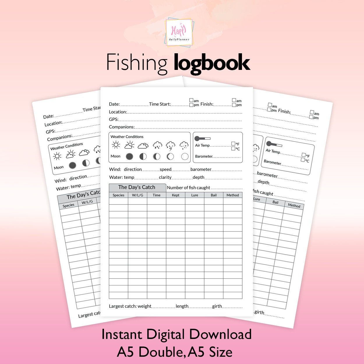 Fishing Log Book A5, Printable Fishing Log Book 