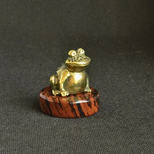 Handmade Handcrafted Bronze Figurine Sculpture of Frog Toad Small on Natural Obsidian Stand Pedestal