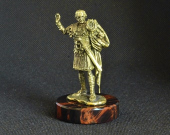 Handmade Handcrafted Solid Bronze Statuette Figurine Statue of Roman Legionary General on Natural Obsidian Gemstone Stand Pedestal