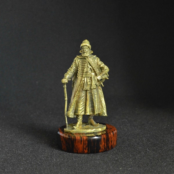 Handmade Handcrafted Solid Bronze Statuette Figurine Statue of Old Slavic Russian Tsar Boyar on Natural Obsidian Gemstone Stand Pedestal