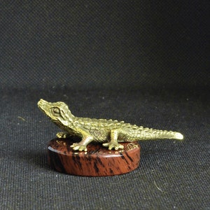 Handmade Handcrafted Solid Bronze Figurine Sculpture of Crocodile Croco Alligator Gator on Natural Obsidian Gemstone Stand Pedestal