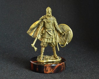 Handmade Handcrafted Solid Bronze Statuette Figurine Statue Ancient Scandinavian Warrior Viking Soldier on Natural Obsidian Stand Pedestal