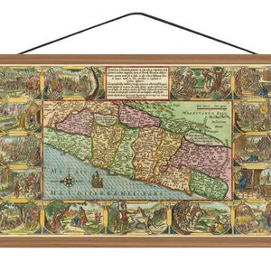 Vintage Rare Antique Decorative 1619 Dutch Bible Map Of Holy Land 100% Cotton Canvas Magnetic Wooden Walnut Hanger Frame / Ready to hang up