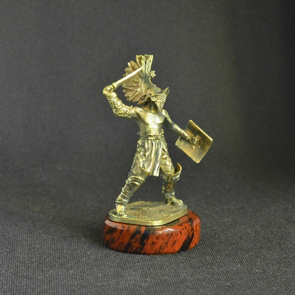 Handmade Handcrafted Solid Bronze Statuette Statue Figurine of Ancient Roman Gladiator on Natural Obsidian Gemstone Stand Pedestal
