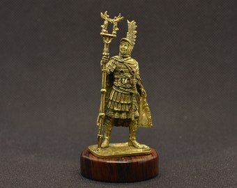 Handmade Handcrafted Solid Bronze Statuette Figurine Statue of Roman Legionary Centurion on Natural Obsidian Gemstone Stand Pedestal