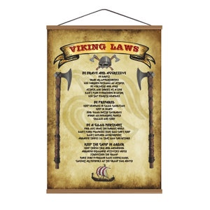 Viking Laws Scandinavian Raven Decorative Coat Of Arms / Cotton Canvas Magnetic Wood Walnut Hanger Frame/ Ready to hung up