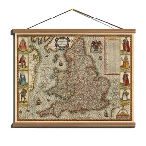 Ancient Vintage Antique Early 1610 Decorative Map of Kingdome of England/ Cotton Canvas Magnetic Wood Walnut Hanger Frame/ Ready to hung up