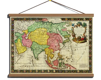 Vintage Rare Decorative 1732 Map of the Continent of Asia / 100% Cotton Canvas Magnetic Wooden Walnut Hanger Frame / Ready to hang up