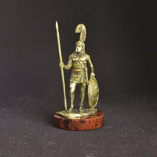 Fait à la main Fabriqué à la main Statuette en bronze massif Figurine Statue de l’ancienne Grecque Sparta Hoplite Guerrier Obsidienne naturelle Gemstone Stand Piédestal