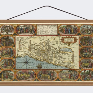 Vintage Rare 1590 Decorative Map Of Mediterranean Holy Land Bible scenes Cotton Canvas Magnetic Wood Walnut Hanger Frame / Ready to hang up