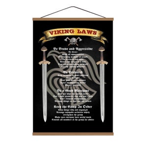 Viking Laws Scandinavian Raven Decorative Coat Of Arms / Cotton Canvas Magnetic Wood Walnut Hanger Frame/ Ready to hung up