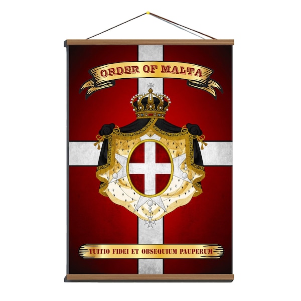 ORDER OF MALTA Rare Flag and Coat Of Arms / Cotton Canvas Magnetic Wooden Walnut Hanger Frame/ Ready to hung up