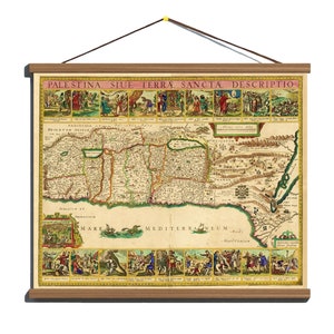 1630 Decorative map Holy Land Moses from Exodus view of Jerusalem Real Cotton Canvas Magnetic Wooden Walnut Hanger Frame / Ready to hang up