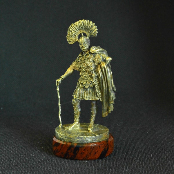 Handmade Solid Bronze Statuette Statue Roman Legionary Army Military Centurion AD1 Natural Obsidian Gemstone Stand Pedestal Ornament