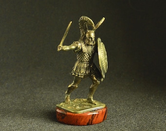 Handmade Handcrafted Solid Bronze Statuette Figurine Statue of Ancient Greek Spartan Hoplite on Natural Obsidian Gemstone Stand Pedestal