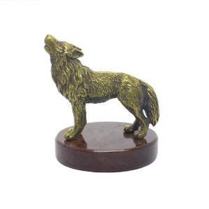 Handmade Handcrafted Bronze Figurine Sculpture of WOLF on Natural Obsidian Stand Pedestal Ornament