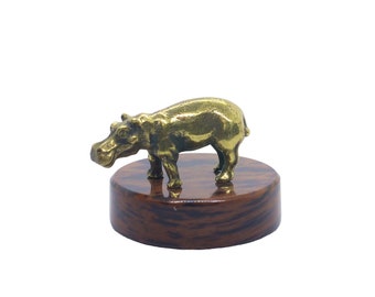 Handmade Handcrafted Bronze Figurine Sculpture Statue Ornament of HIPPO Hippopotamus on Natural Obsidian Stand Pedestal