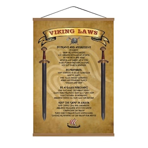 Viking Laws Scandinavian Raven Decorative Coat Of Arms / Cotton Canvas Magnetic Wood Walnut Hanger Frame/ Ready to hung up