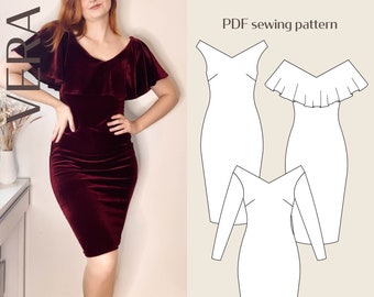 Vera Bodycon Wide V Neckline Dress Digital PDF Sewing Pattern // 2XS-5XL // Instant Download with Multiple Options