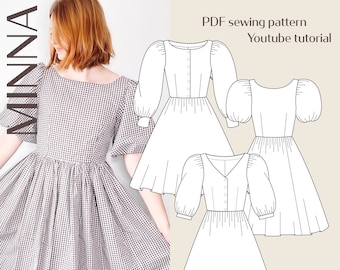 Minna Vintage Inspired Dress with Puff sleeve Digital PDF Sewing Pattern // EU 32-60 US 2-30 // Instant Download with Multiple Options