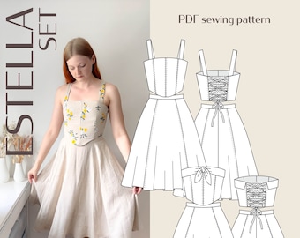 Estella Corset Top and Cottage core Skirt Digital PDF Sewing Pattern // EU 32-60 US 2-30 // Instant Download with Multiple Options