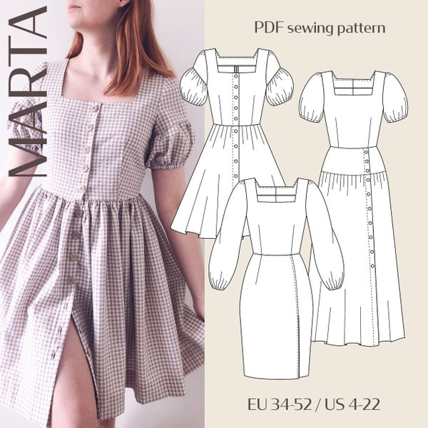 Marta Square Neckline Dress with Sleeve Digital PDF Sewing Pattern // EU 34-52 US 4-22 // Instant Download Multiple Options