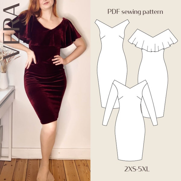 Vera Bodycon Wide V Neckline Dress Digital PDF Sewing Pattern // 2XS-5XL // Instant Download with Multiple Options