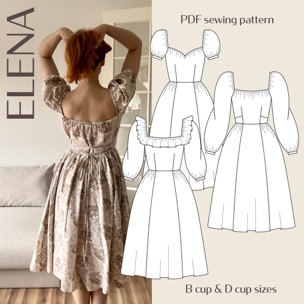 Elena Puff mouwen midi-jurk digitale PDF naaipatroon//EU 32-60 US 2-30//Instant Download met meerdere opties