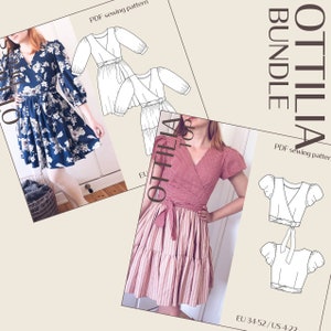Ottilia Wrap Top and Wrap Dress Puff sleeve Digital PDF Sewing Pattern // EU 34-52 US 4-22 // Instant Download Pattern Bundle