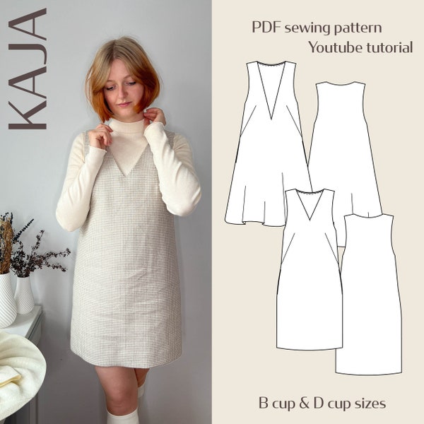 Kaja Pinafore Dress with Deep Vneck Digital PDF Sewing Pattern // EU 32-60 US 2-30 // Instant Download with YouTube Tutorial