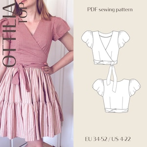 Ottilia Cropped Wrap Top with Puff Sleeve Digital PDF Sewing Pattern // EU 34-52 US 4-22 // Instant Download