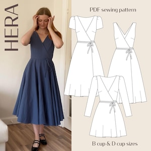 以下が含まれることがあります： Vネックとウエストにリボンが付いた青いラップドレスを着た女性。画像には、半袖、ノースリーブ、長袖の3つのドレスバリエーションを備えたPDFソーイングパターンも表示されています。パターンには「PDF sewing pattern」と「B cup & D cup sizes」と書かれています。