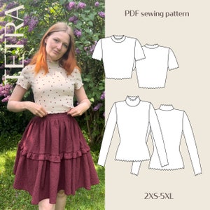 Könnte beinhalten: PDF-Schnittmuster für ein hochgeschlossenes Oberteil mit kurzen oder langen Ärmeln. Das Schnittmuster umfasst zwei Versionen: ein verkürztes Oberteil und ein längeres, tailliertes Oberteil. Das Schnittmuster ist in den Größen 2XS-5XL erhältlich. Das Schnittmuster wird auf weißem Hintergrund gezeigt.