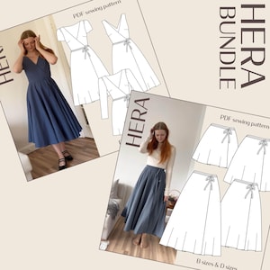 May include: A bundle of PDF sewing patterns featuring wrap dresses and skirts. The image includes a woman wearing a blue wrap dress and another wearing a blue wrap skirt. The patterns are in black and white, with the word "HERA" and "BUNDLE" visible.
