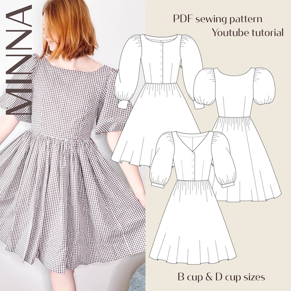 Robe d’inspiration vintage Minna avec manches bouffantes Modèle de couture PDF numérique // EU 32-60 US 2-30 // Téléchargement instantané avec plusieurs options