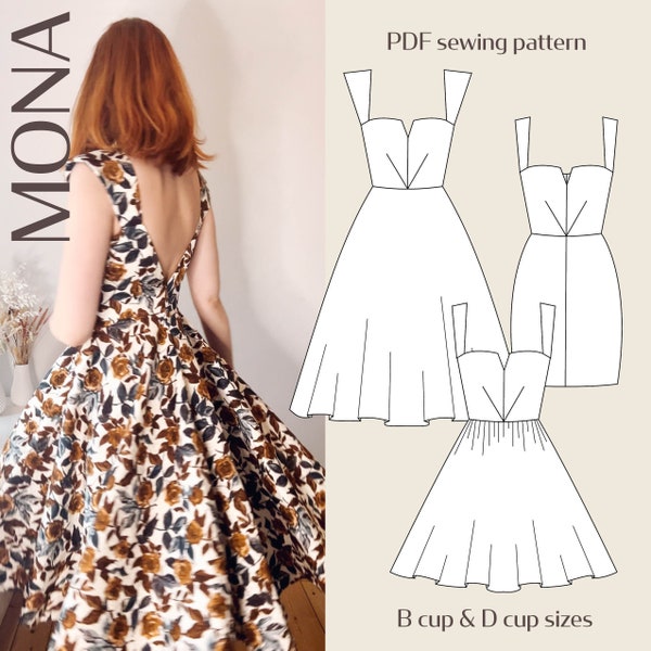 Mona vintage Inspired VNeck Detail Dress Digital PDF Sewing Pattern // EU 32-60 US 2-30 // Téléchargement instantané avec plusieurs options