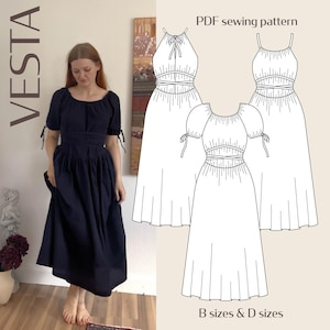 May include: A dark navy blue midi dress with short puff sleeves, tie details, and a gathered waist. The image includes the text VESTA, PDF sewing pattern, and B sizes & D sizes, alongside black and white line drawings of the dress variations.