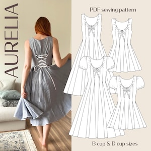 Può includere: Abito Aurelia con schiena a corsetto e modello di cucito PDF. L'abito è a righe grigie e bianche, con lacci bianchi. Il modello mostra diversi stili di abiti con fiocchi e maniche a sbuffo. Taglie coppa B e D.