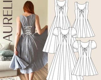 Aurelia Fit and Flare Romantic Dress Digital PDF Sewing Pattern // EU 32-60 US 2-30 // Instant Download with Multiple Options