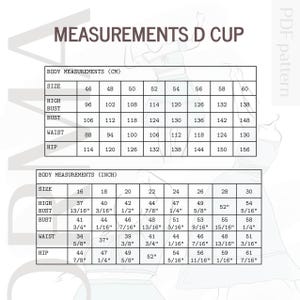 May include: A detailed chart with body measurements in centimeters and inches, labeled "MEASUREMENTS D CUP." The chart includes sizes, high bust, bust, waist, and hip measurements, providing a size guide for clothing.