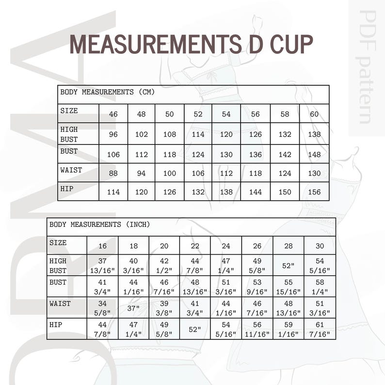 May include: A detailed chart with body measurements in centimeters and inches, labeled "MEASUREMENTS D CUP." The chart includes sizes, high bust, bust, waist, and hip measurements, providing a size guide for clothing.