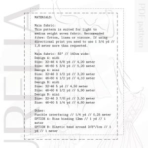 Peut inclure: Un patron PDF avec des informations sur les mat&eacute;riaux n&eacute;cessaires pour un v&ecirc;tement. Il sugg&egrave;re des tissus comme le coton, le lin ou la viscose, et donne des mesures en m&egrave;tres pour diff&eacute;rentes tailles et mod&egrave;les. La largeur du tissu principal est de 140 cm.