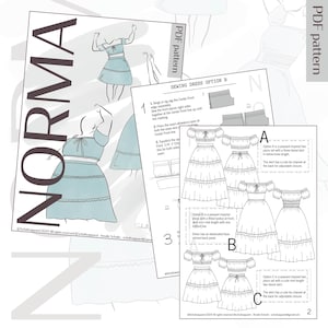 May include: A collection of sewing patterns for a dress, featuring illustrations and instructions. The patterns include different dress styles, with options for various skirt lengths and bodice designs. The word "NORMA" is displayed in large letters, and the phrase "PDF pattern" is visible.