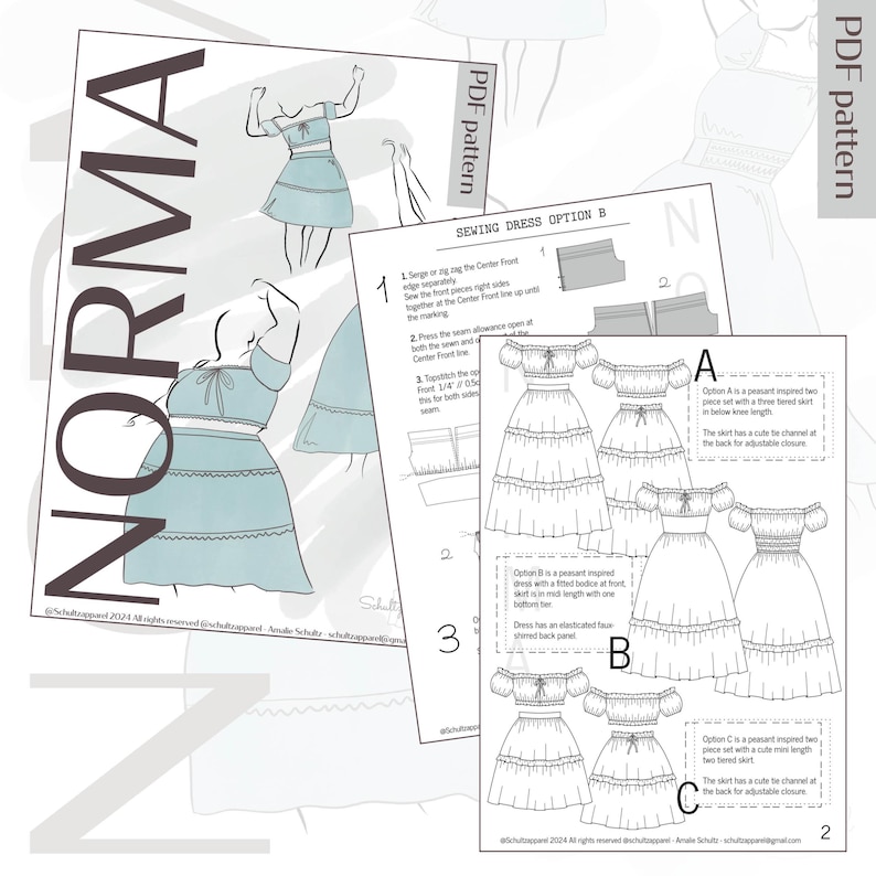 May include: A collection of sewing patterns for a dress, featuring illustrations and instructions. The patterns include different dress styles, with options for various skirt lengths and bodice designs. The word "NORMA" is displayed in large letters, and the phrase "PDF pattern" is visible.